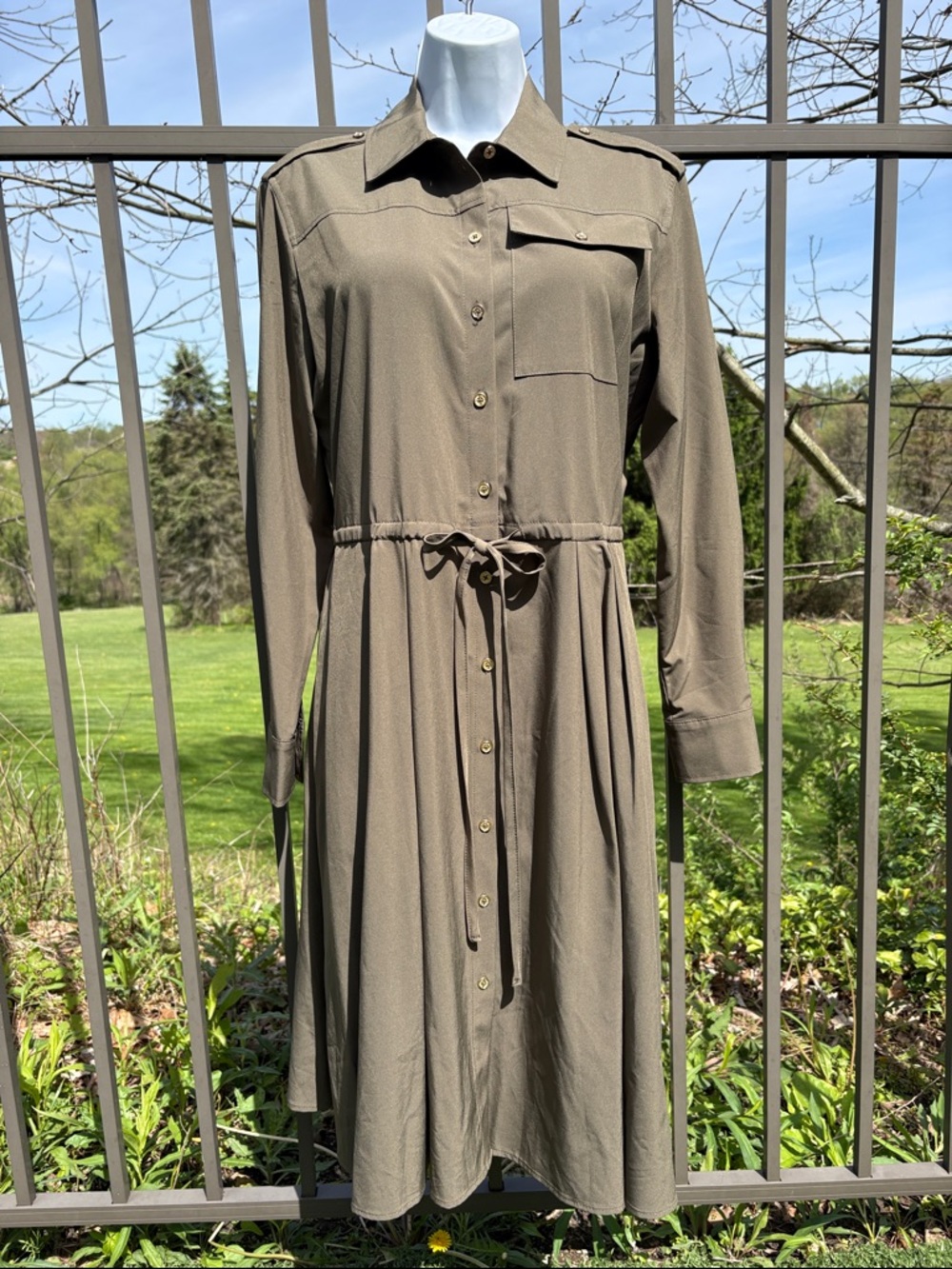 Calvin Klein Olive Khaki Green Button Up Long Sleeve Shirt Dress Size 8